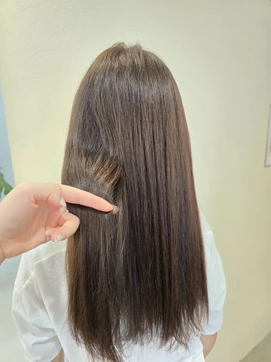 손가락으로 모발 끝을 가리키는 긴 갈색 직모의 뒷모습